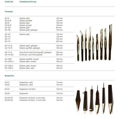 Pinzetten und Noppeisen – Katalogauszug mit Artikelnummern